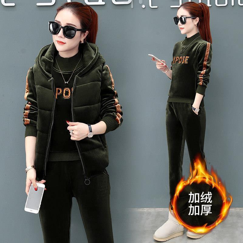 Plus size thicken zip vest sweatsuit tops pants 3 piece suit casual letter embroidery velvet tracksuit solid striped warm outfit 201119