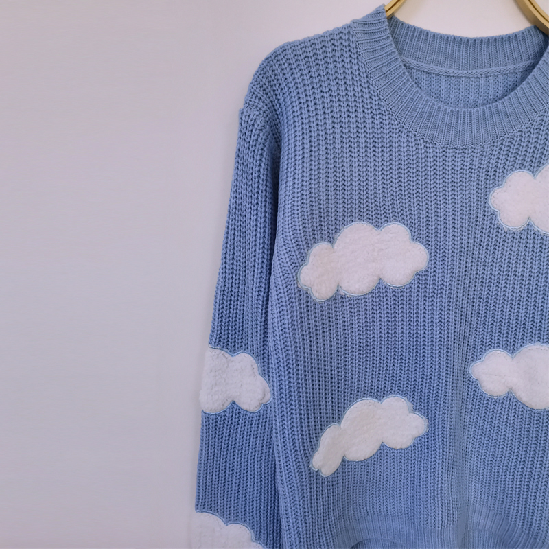 Women's Cozy Clouds Sweater Cute Cartoon Long Sleeve Crew Neck Pullover Jumper Fall Winter Knit Tops / 201023