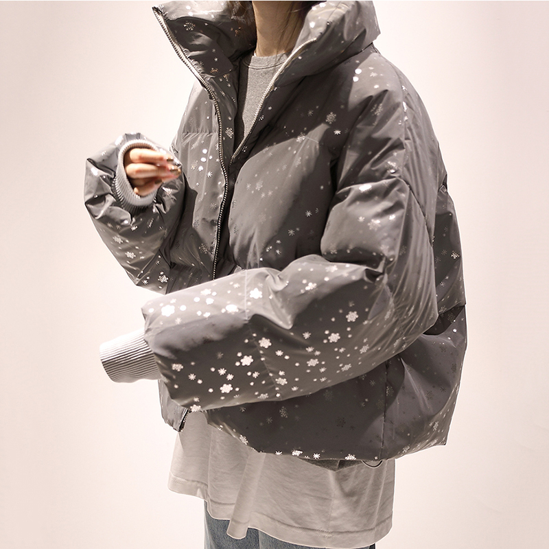 Winter Women Streetwear Down Parka Oversize Reflective Jacket Short Warm Women Coat Snowflake Sequin Parka Cotton Padded Jacket 201217