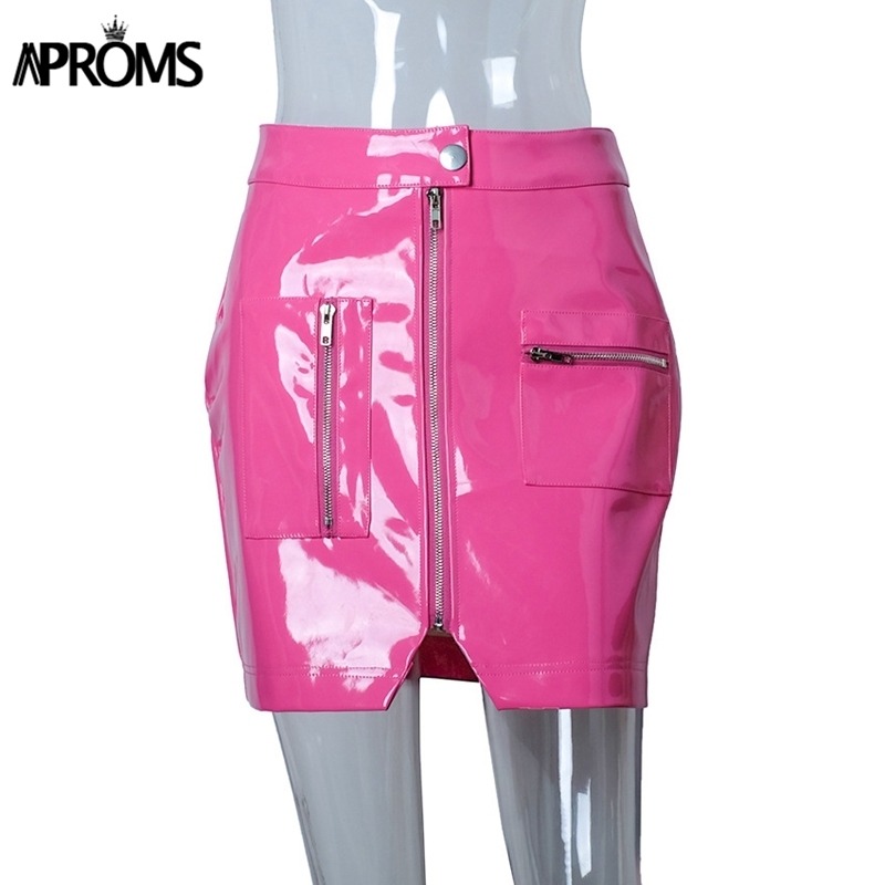 Aproms Pink PU Leather Pencil Skirt Women Autumn Winter Short Mini Skirts Female Sexy Streetwear Front Zipper Skirt Bottoms 201027