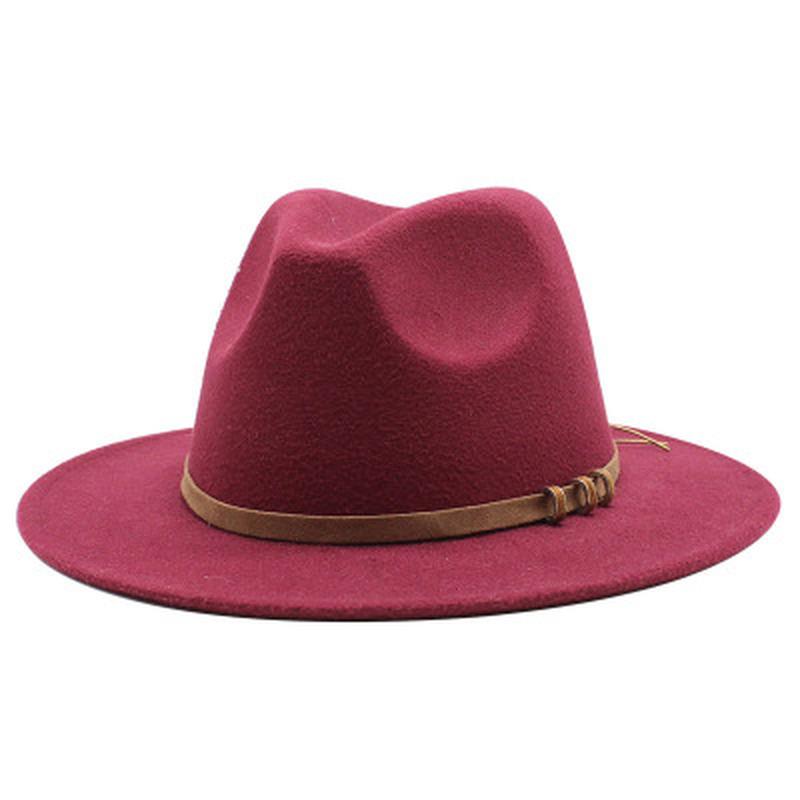 

winter women hats belt band solid color wide brim felted hats fedora jazz caps classic vintage hip hop panama outdoor winter hat, Red