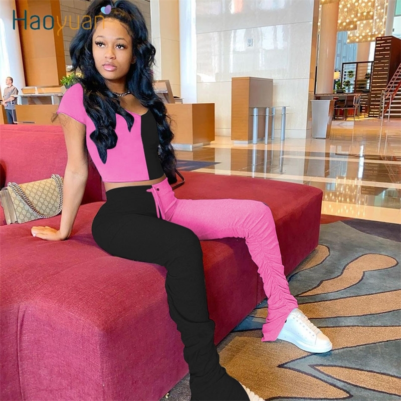 HAOYUAN Splice Two Piece Set Summer Outfits for Women Tracksuit Crop Top and Stacked Pant Lounge Wear Matching Sets Sweat Suits T200603