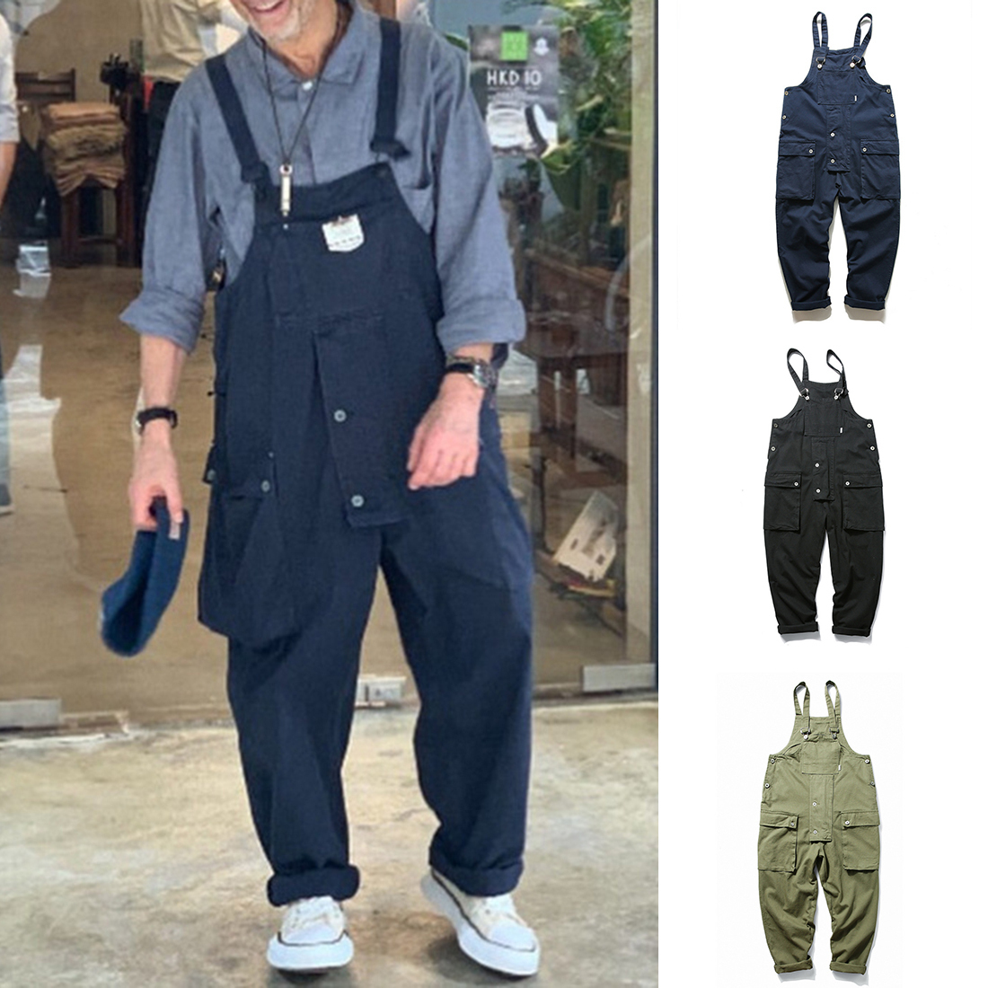 Streetwear Men Fashion Harajuku Suspender Jumpsuit Loose Straight Pants Men Pocket Bib Men's Overalls Casual Trousers Jumpsuits 201110