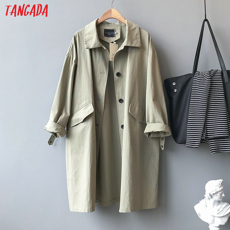 Tangada women oversized khaki long trench coat fashion elegant long sleeve ladies high street loose outwear ASF02 201211