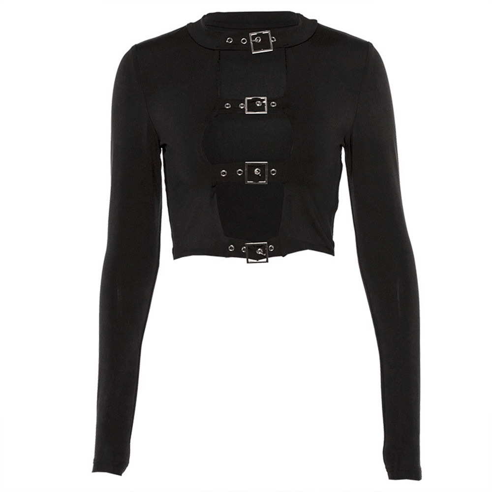 Plus Size Gothic Sexy T-Shirt Women Strap Buckle Front Round Neck Slim Top Long Sleeve T Shirt Tumblr Tops Tee Punk Streetwear 201028