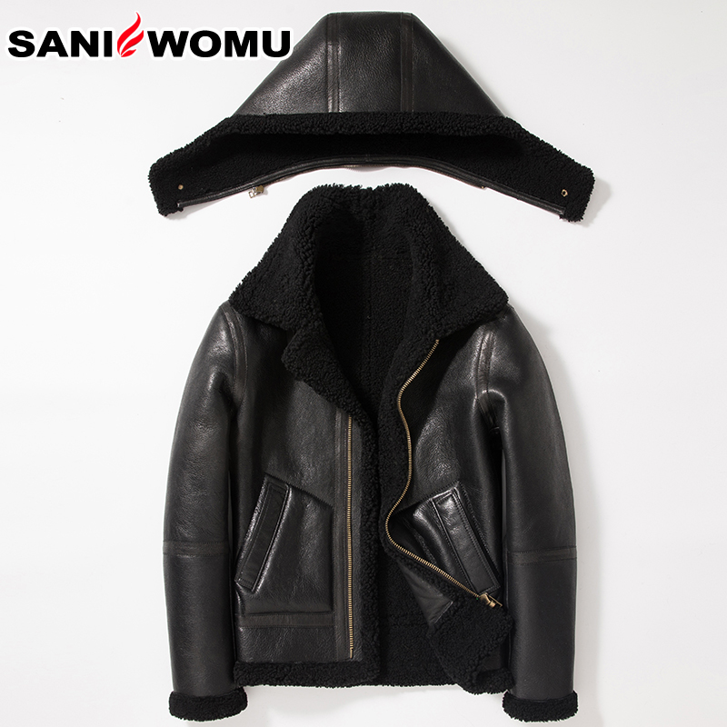 Sani Sheepskin Fur Shearling Men's Short Warm Overcoat Flight Clothing Hooded Fur Collar Genuine Leather Fur Jacket LJ201217