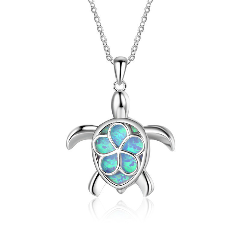 Fashion Blue Opal Sea Turtle Pendant Necklaces for Women Female Animal Wedding Statement Chain Necklace Ocean Beach Jewelry Gift