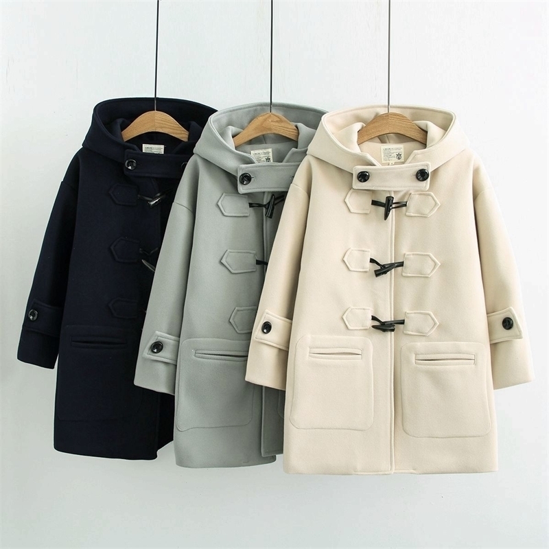 Cow horn buckles coats women autumn and winter long woolen coat hooded student small coat 201027