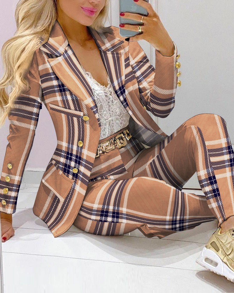 Femme Formal Jacket & Trousers Office Lady Outfits Autumn Women two Pieces set Chain Print Blazer Coat Pants Suit Sets 220315