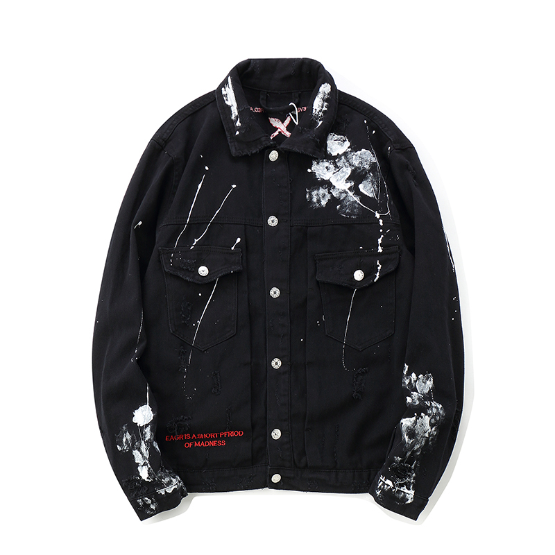 Men Streetwear Graffiti Appliques printed Jeans Jacket Hipster Holes Loose Hip Hop motorcycle Cotton black Casual Denim Jackets 201218