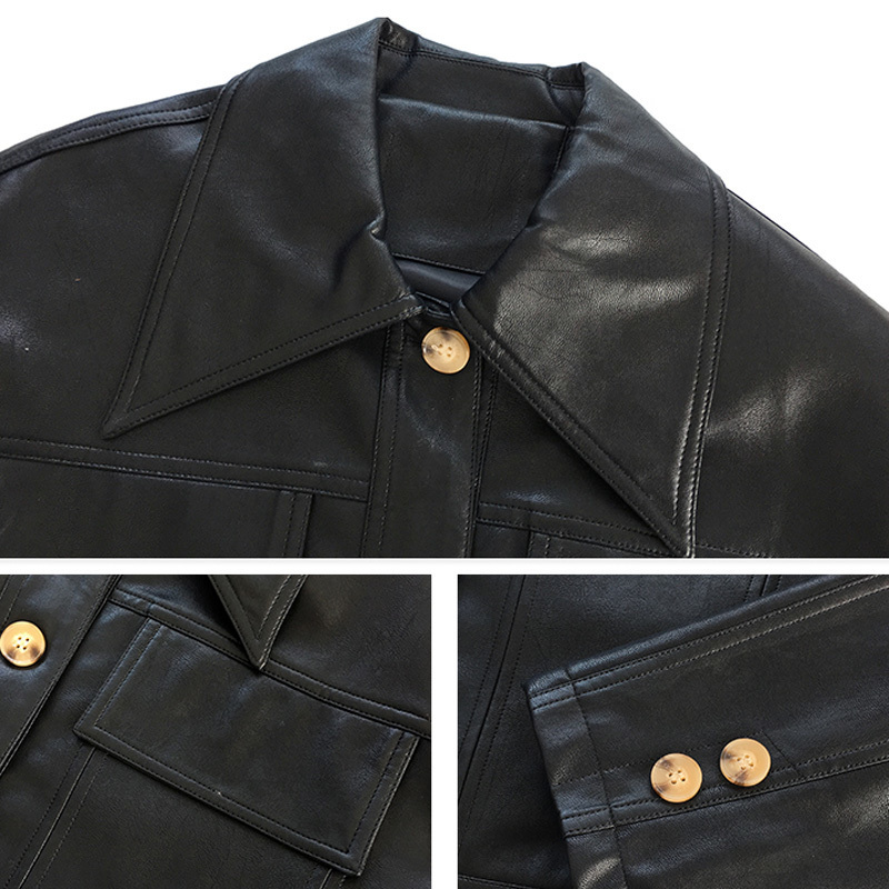 PERHAPS U Women PU Faux Leather White Black Jacket Pocket Turn Down Collar Outwear Button High Street C0194 201017