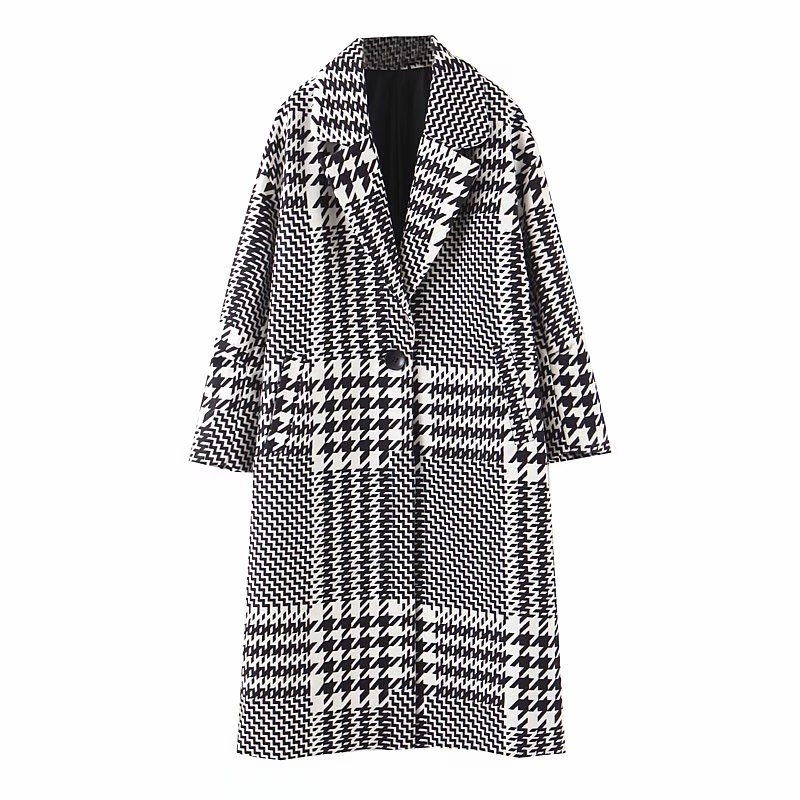 Vintage Plaid Wool Winter Coat Women Houndstooth Outwear Office Long Jacket Tops Female Overcoat Casaco Feminino 201027