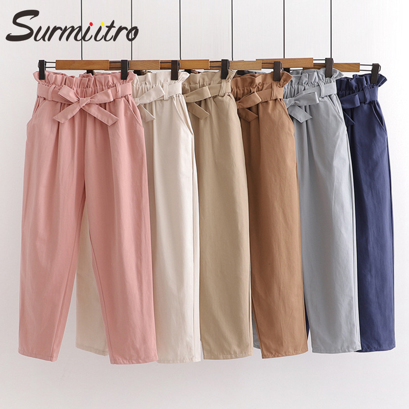 SURMIITRO Korean Style Ankle Harem Pants Women Spring Summer Black White Lace Up Female Pants High Waist Trousers Femme 201031