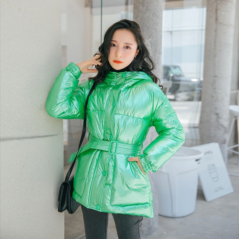 Glossy Warm Women Hooded Coat Solid Soft Cotton Padded Jackets Female Women Slim Belt Winter Parkas Jacket Coat 200928