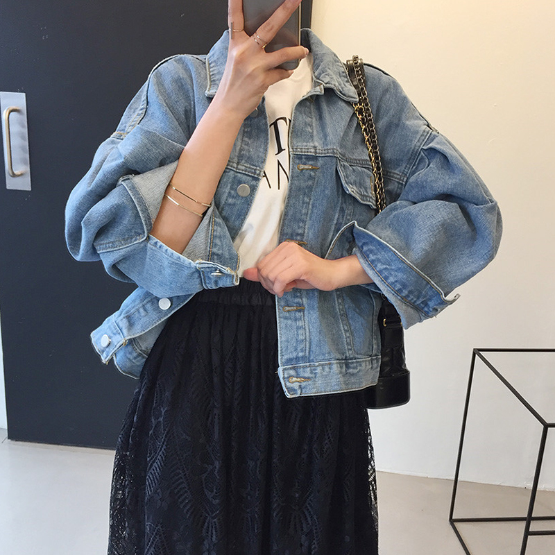 OCEANLOVE Chic All Match Women Jacket Puff Sleeve Short Vintage Spring Chaqueta Mujer Korean Pleated Denim Jacket 14987 201017