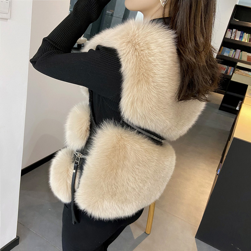 2020 new design womens turn down collar PU leather patchwork faux fur zipper decoration sleeveless short vest coat casacos