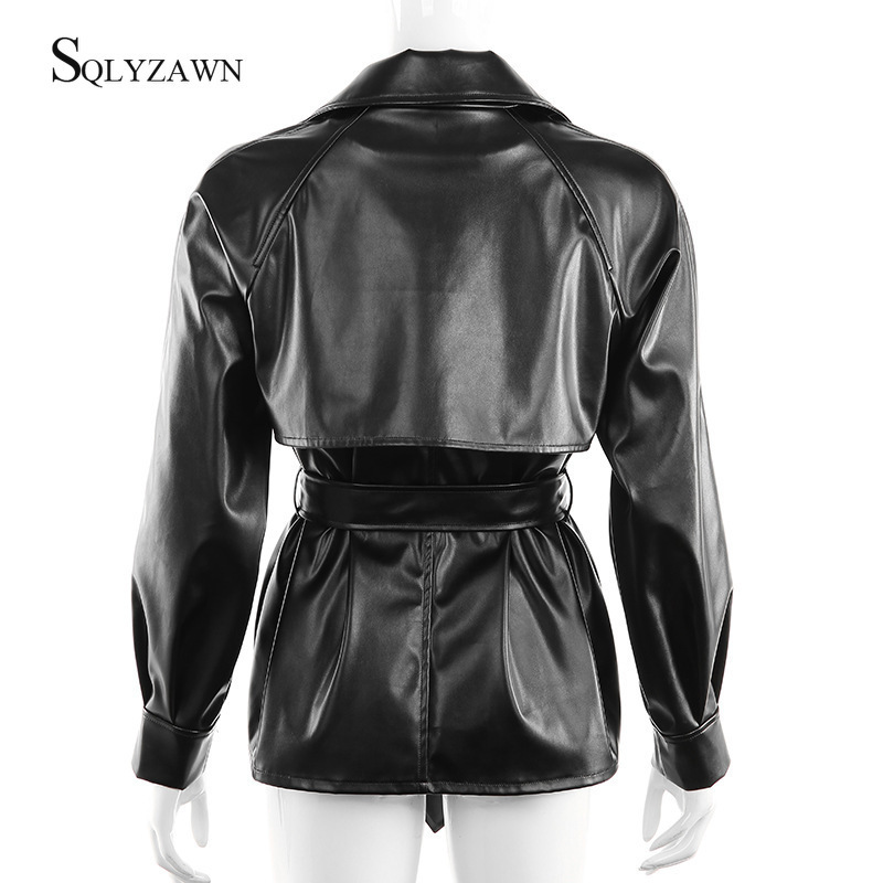 Gothic Black Trench Coat Women Fall Streetwear Faux Leather PU Jacket with Bandage Belt Ladies Fashion Motorcycle Jacket Outwear 201020