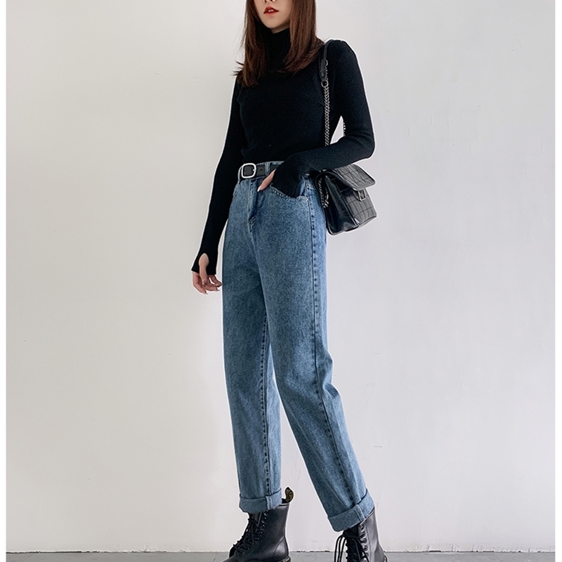 Vintage Straight Harem Jeans Women Plus Size High Waist Retro Mom Boyfriend Jeans Femme Black Blue Retro Denim Pants 201029
