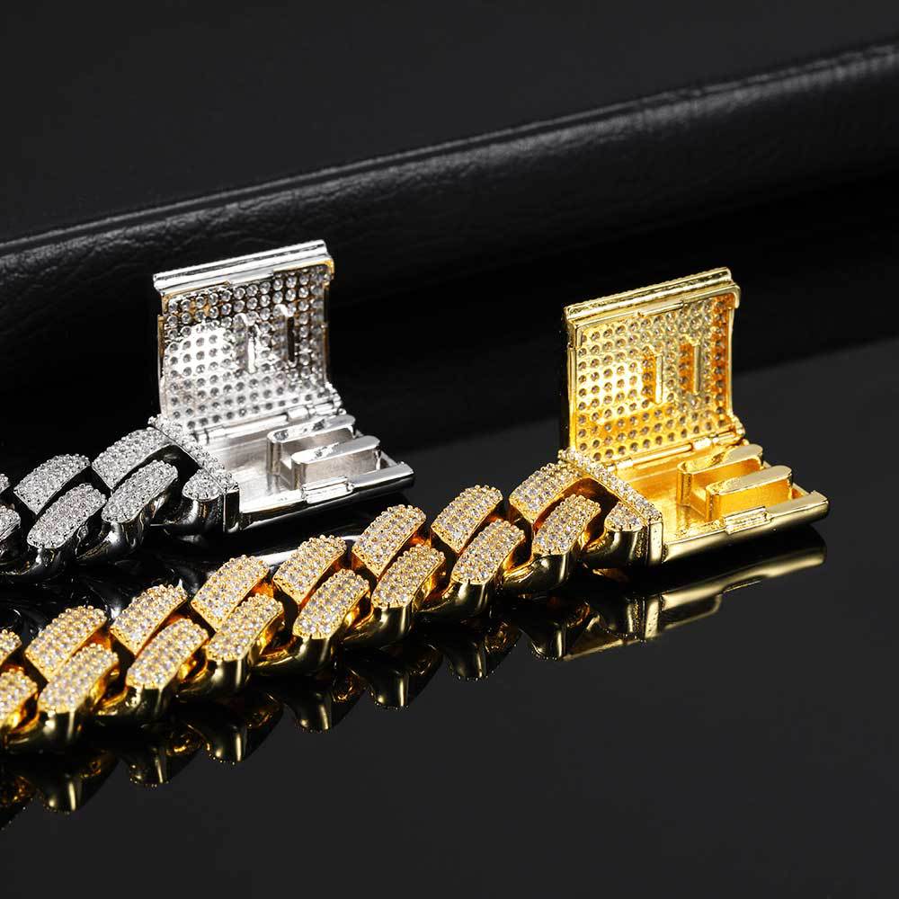 Men's Hip Hop Jewelry Necklace 20mm Thickened Diamond Cuban Chain Copper Inlaid Three Row Zircon Box Buckle Necklace