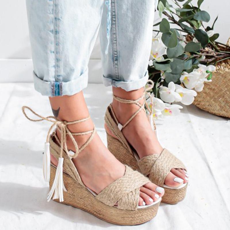 Women Sandals Ladies Casual Tassel Lace Up Wedges High Heels Sandals Summer Fashion Female Roman Shoes Plus Size #F45, Bw 
Women Sandals Ladies Casual Tassel Lace Up Wedges High Heels Sandals Summer Fashion Female Roman Shoes Plus Size #F45, Bw