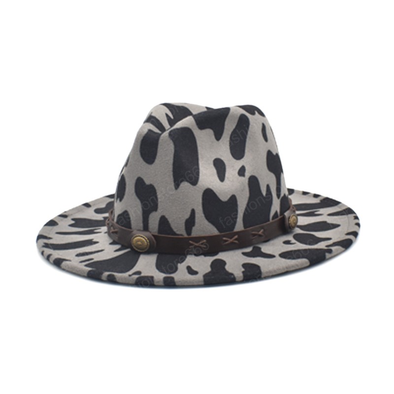 New Fashion Cow Print Jazz Caps Men Fedoras Hats Women Wool Felt Wide Brim Vintage Cowboy Hat