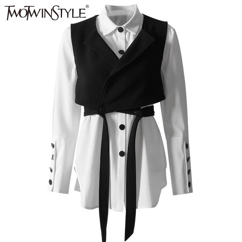 TWOTWINSTYLE Fashion Two Piece Sets Lantern Long Sleeve White Shirts Lace Up Short Vest Women's Shirts Set Spring Clothing 201120