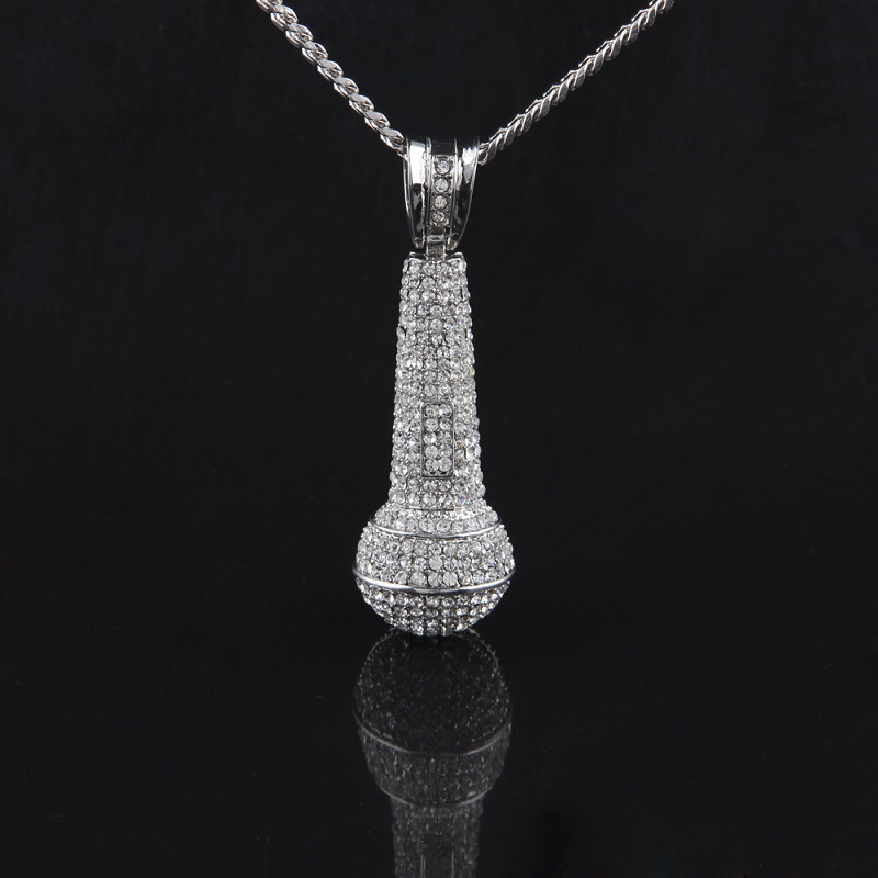 Mens Iced Out Fashion Microphone Pendant Hip Hop Jewelry Gold Cuban Chain Necklace Free shipping Free shipping
