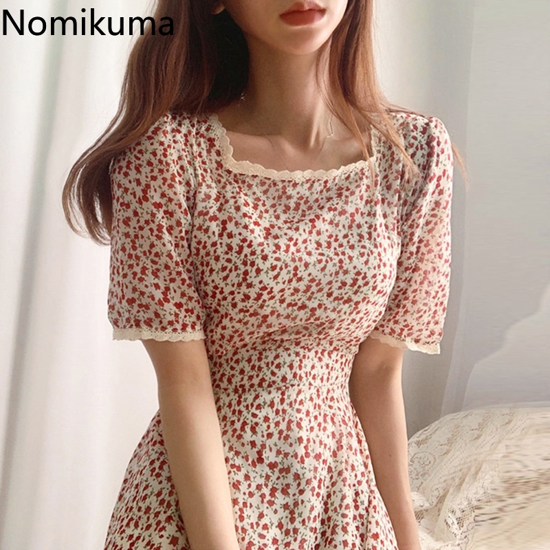 Nomikuma Square Collar Short Sleeve Elegant Dress Lace Patchwork Floral Print Slim Waist A Line Dresses Korean New Vestido 3a413 T200613