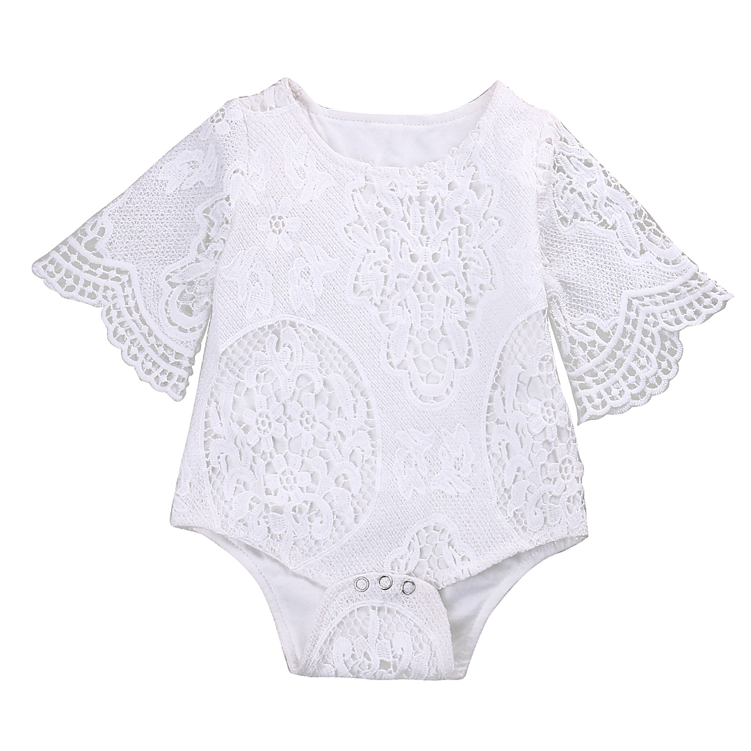 Summer Baby Girls White Ruffles Sleeve Lace Romper Infant Baby Elegant Lace Jumpsuit Clothes Sunsuit Outfits 201027