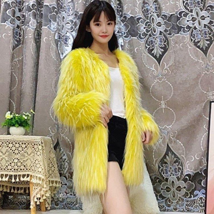 Women 2021 New Autumn Winter Mid-long Fake Raccoon Fur Jackets Female Solid Color V-neck Coats Ladies Slim Faux Fur Outwear Q535, Yellow
Women 2021 New Autumn Winter Mid-long Fake Raccoon Fur Jackets Female Solid Color V-neck Coats Ladies Slim Faux Fur Outwear Q535, Yellow