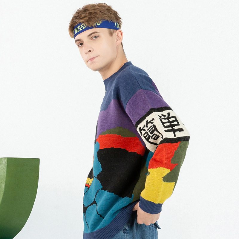 Hip Hop Streetwear Knitted Sweater Men Kanji Monster Printed Pullover Harajuku Cotton Autumn Fashion Casual Sweater Hipster 201221