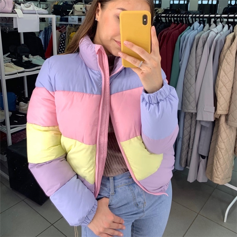Women's Fresh Rainbow Contrast Short Bread Parkas Winter Zipper Pockets Jacket Women Parka Casual Patchwork Fuffy Female Jacket 201217