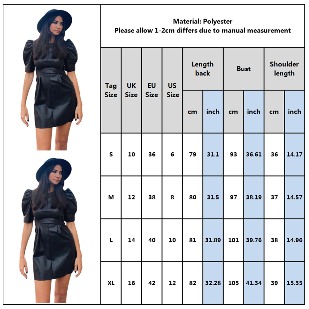 Puff Sleeve Dresses Girls Vintage O Neck Spring PU Leather Dress 2020 New A-Line Party Night Black Tight Dress Streetwear T200519
