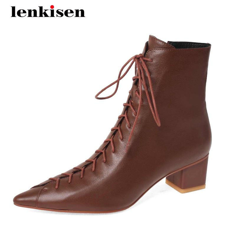Lenkisen work boots genuine leather classic colors cross-tied thick med heel pointed toe zipper office lady soft ankle boots L56, Beige
Lenkisen work boots genuine leather classic colors cross-tied thick med heel pointed toe zipper office lady soft ankle boots L56, Beige