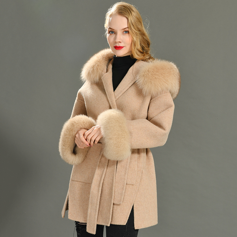 Cashmere Jacket Women Detachable Fox Fur Collar Wool Blend Coat and Jacket Belt Ladies Autumn Winter Cashmere Overcoat 201222