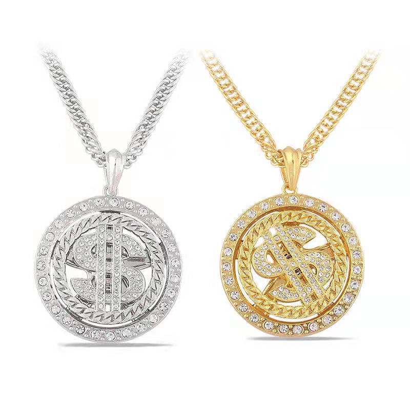 Hip Hop Rotatable Money US Dollar Symbol Necklace Long Chain Bling Bling Gold Silver Plated Austrian Crystal Diamond Dollar Sign Necklace for Men Wome