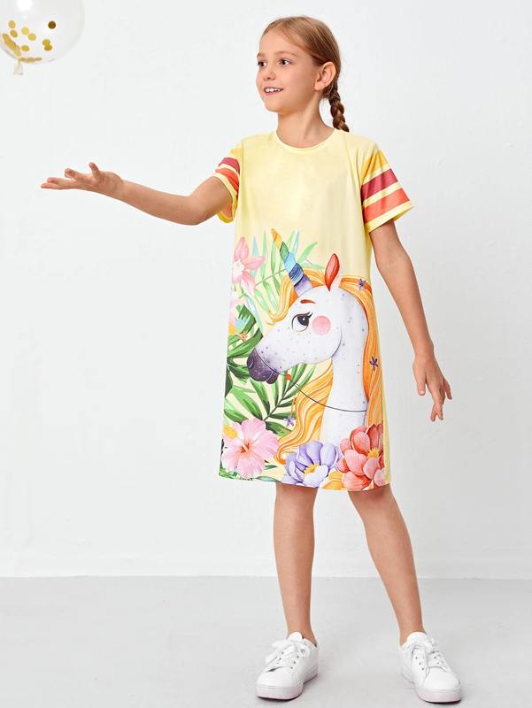 Girls Striped Sleeve Unicorn Print Tee Dress SHE