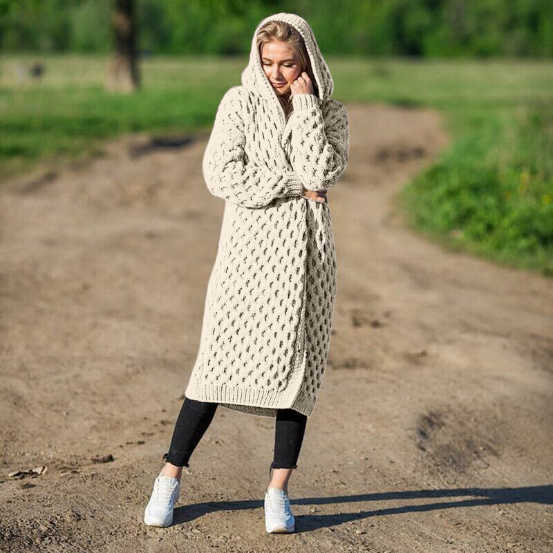 Long Loose Sweater Cardigans Lady Outerwear Fall Sleeve Solid Argyle Sweater Knitted Hooded Open Front Autumn Women Fashion 201202