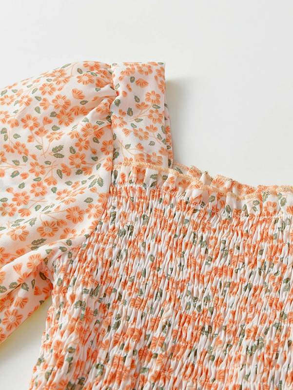 Girls Allover Floral Print Shirred Flounce Sleeve Ruffle Hem Dress SHE