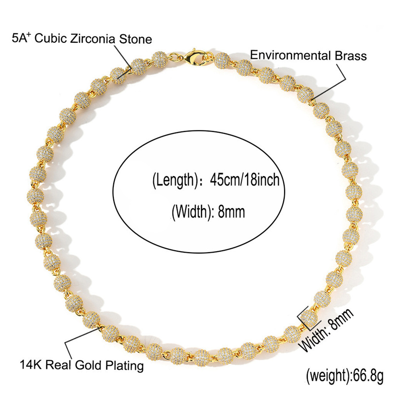 Mens Street Hip Hop 8mm 7-24inch Gold Sier Colors Bling CZ Round Beads Chain Necklace Bracelet Jewelry