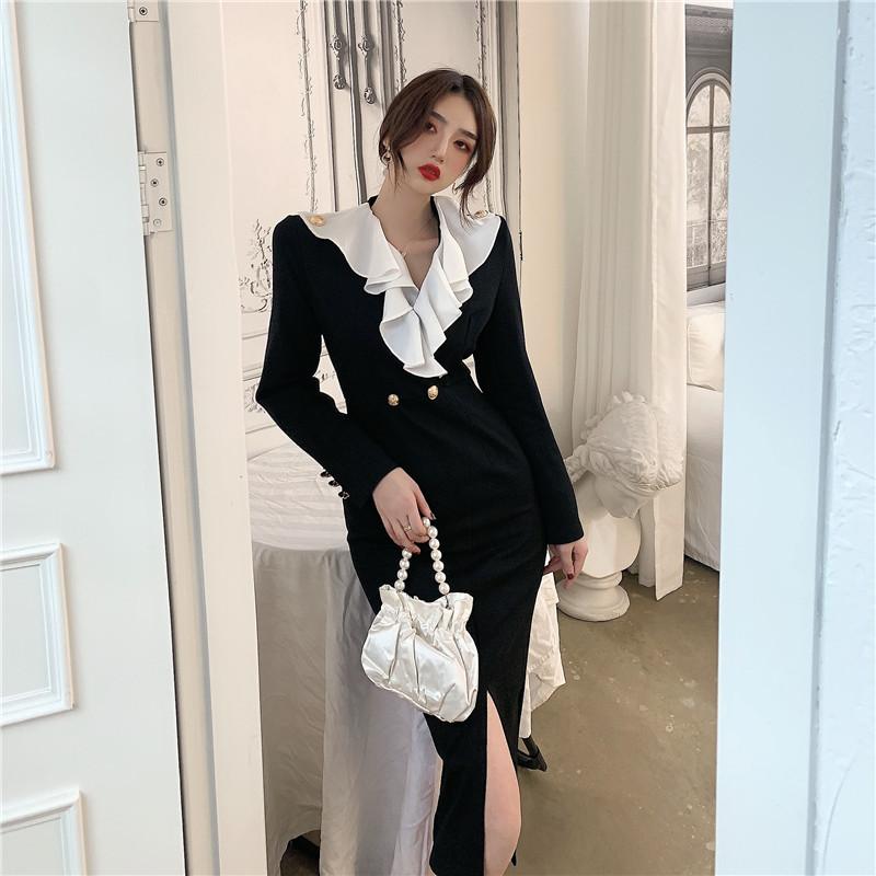 temperament fashion dress woman Autumn and winter new French V-neck Ruffle slim fit split, Black
temperament fashion dress woman Autumn and winter new French V-neck Ruffle slim fit split, Black