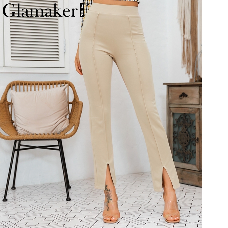 Glamaker High waist solid casual trousers women bodycon split pants Female office lady fashion pants Elegant patalon bottoms 201228
