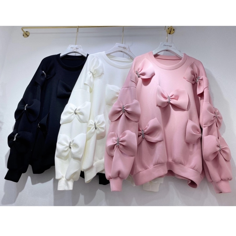 DEAT Autumn/winter New Women Casual Long Sleeve Round Neck Pullovers Bow Decoration Loose Cotton Sweatshirt RC106 201204