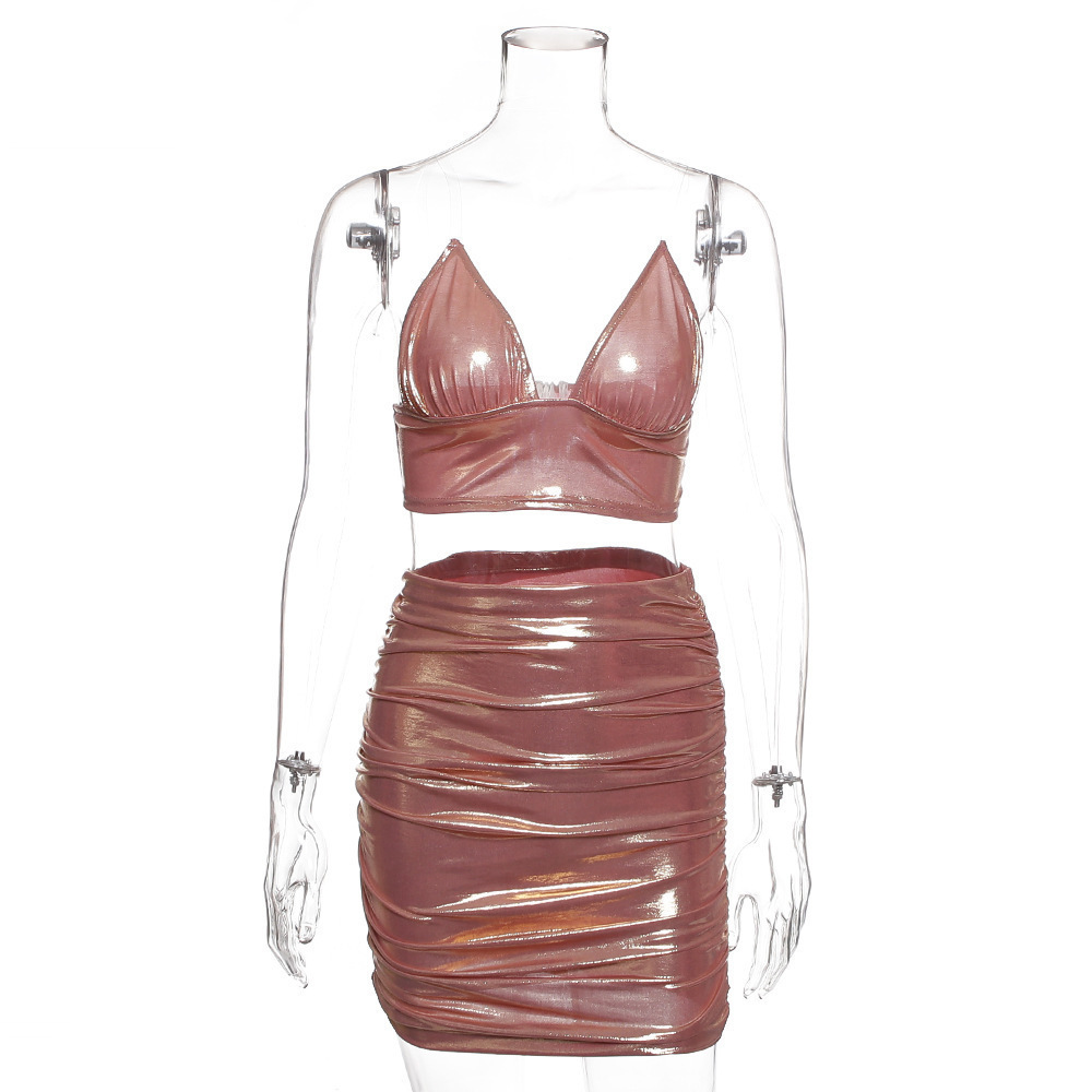 NATTEMAID Summer Pleated Gold Sexy Two Piece Set Top And Skirt Nightclub Sexy Women Set Ladies 2 Piece Set Women Outfits T200325