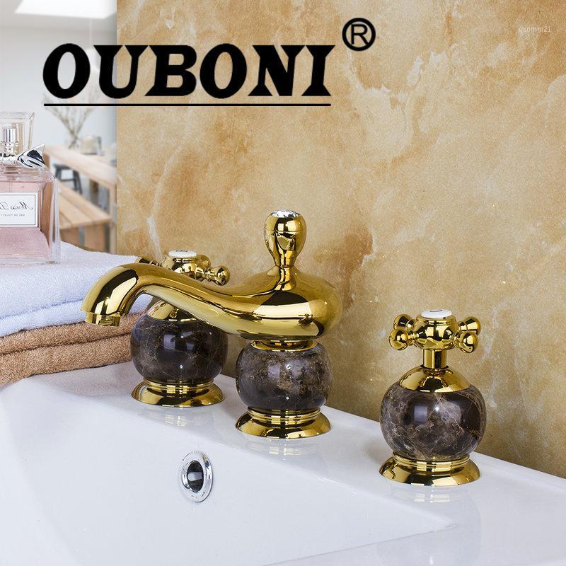 

OUBONI Luxury Polished Golden 3PCS Set Bathtub Faucet European Deck Mounted Cross Handle Basin Mixer Tap diamond faucet1