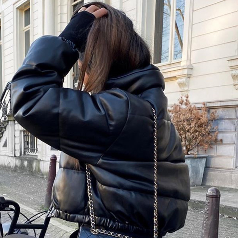 Winter Women's Jacket Female Thick Warm Short Parkas Fashion Black PU Leather Coats Women Elegant Zipper Cotton Jackets Top 201210