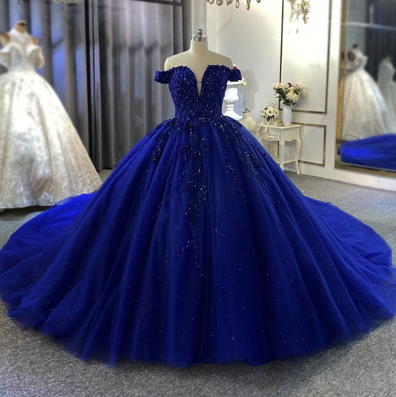 2024 New Royal Blue Ball Gown Quinceanera Dresses Off the Shoulder Beads Pearls Tulle Sixteen Dress Lace Up Puffy Gowns vestido corto para fiesta vest