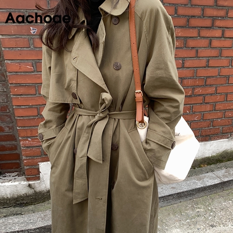 Aachoae Women Double Breasted Solid Long Trench Batwing Long Sleeve Straight Coat Bandage Elegant Windbreaker Korean Outwear 201111