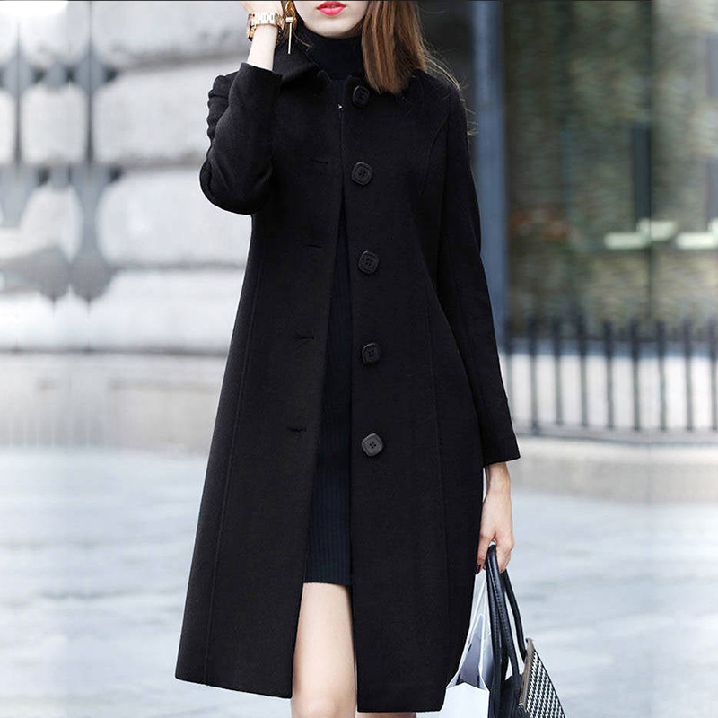 Lucyever Fashion British Solid Button Woolen Coat Women Plus Size Long Sleeve Coats Woman Elegant Pocket Slim Outwear Mujer 201103