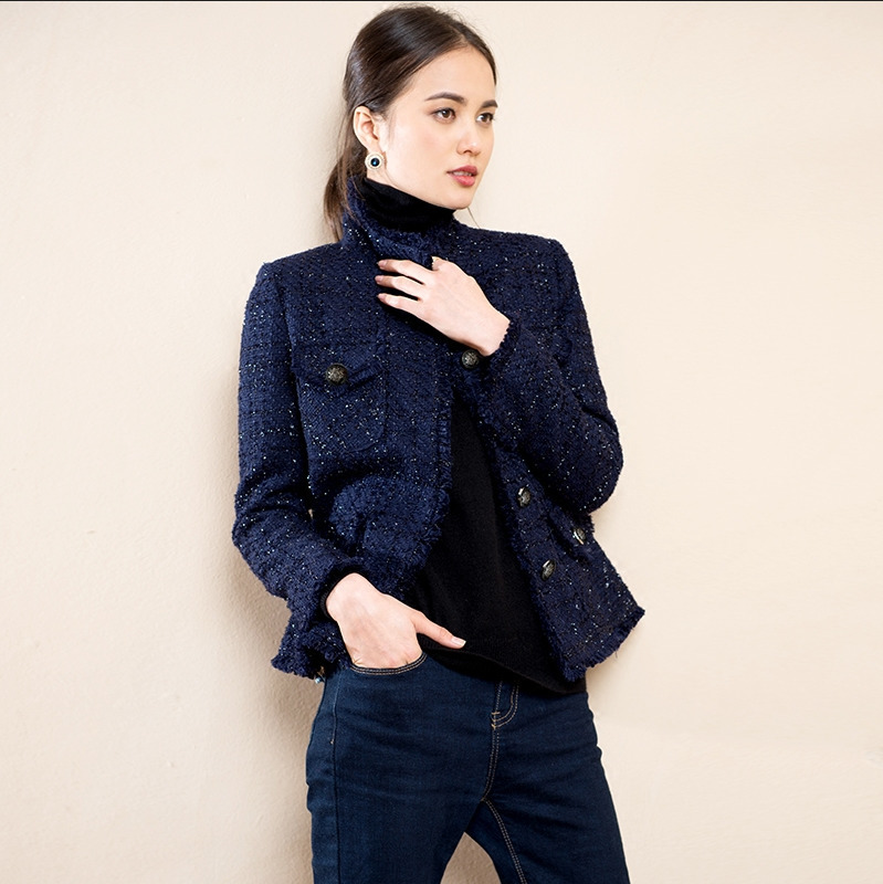 Navy blue tweed jacket spring / autumn /winter women's jacket coat classic ladies wild ladies bright wire braided tweed jacket 201127